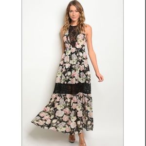 Black Floral Lace Ruffle Spring Summer Maxi Dress NWT